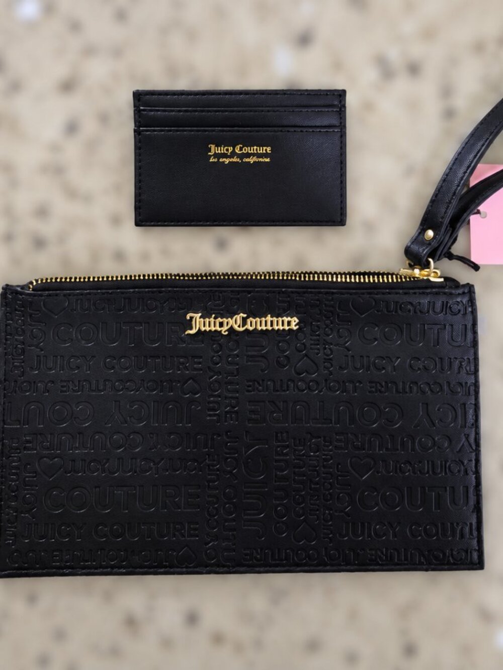 Juicy Couture Black Embossed Wristlet Clutch + Matching Card Holder Set